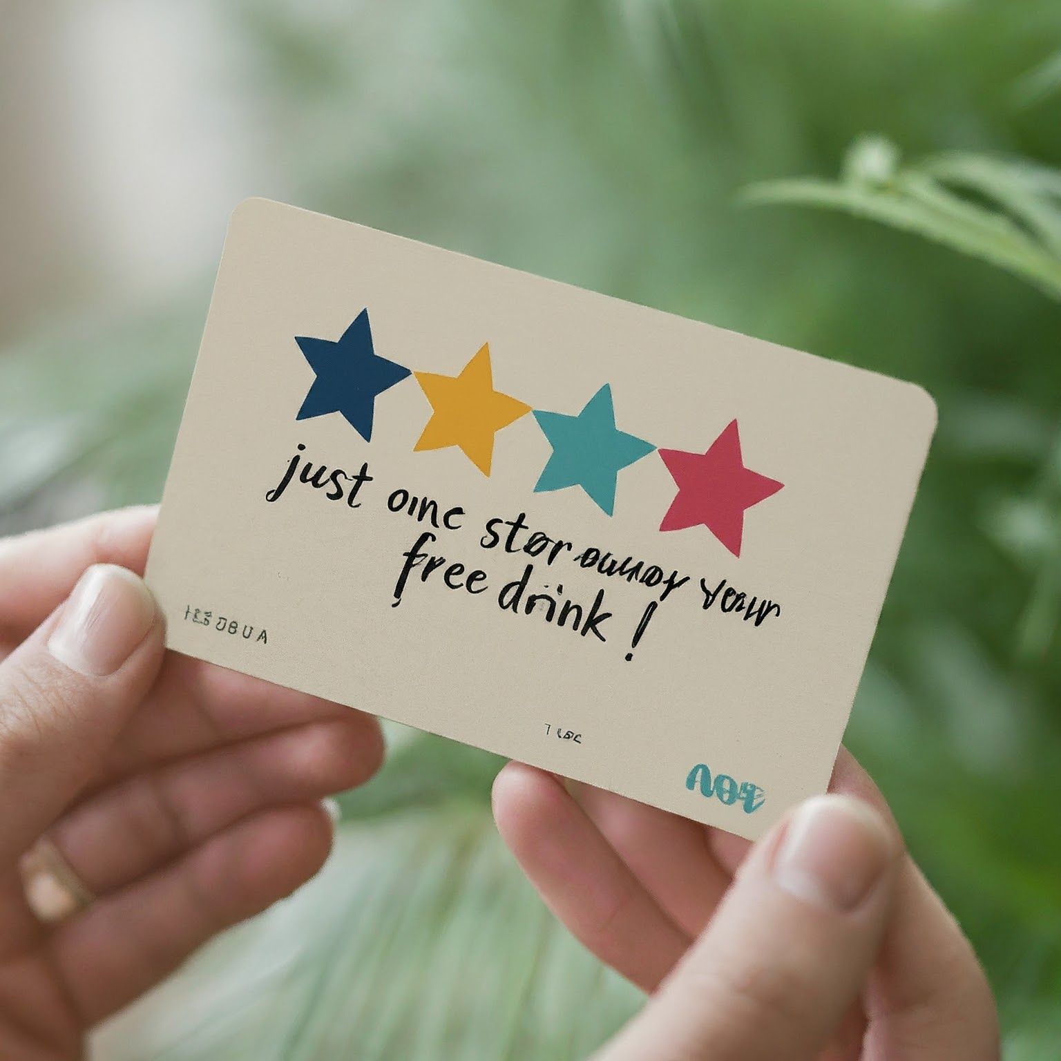 A person is holding a card that says just one star away your free drink