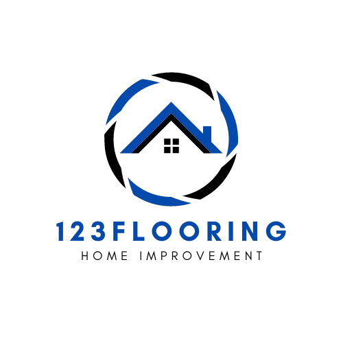 A logo for 123 flooring home improvement with a house in a circle.