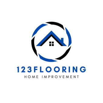 A logo for 123 flooring home improvement with a house in a circle.