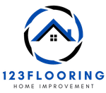 A blue and black logo for 123 flooring home improvement