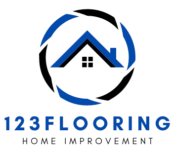 A blue and black logo for 123 flooring home improvement