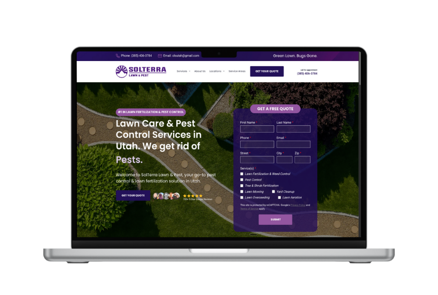 Laptop displaying a website for restoration services; “We Restore Your Normal” with a building backdrop.