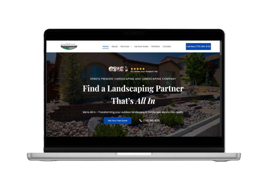 Laptop displaying a landscaping company's website, showcasing a home's exterior with text