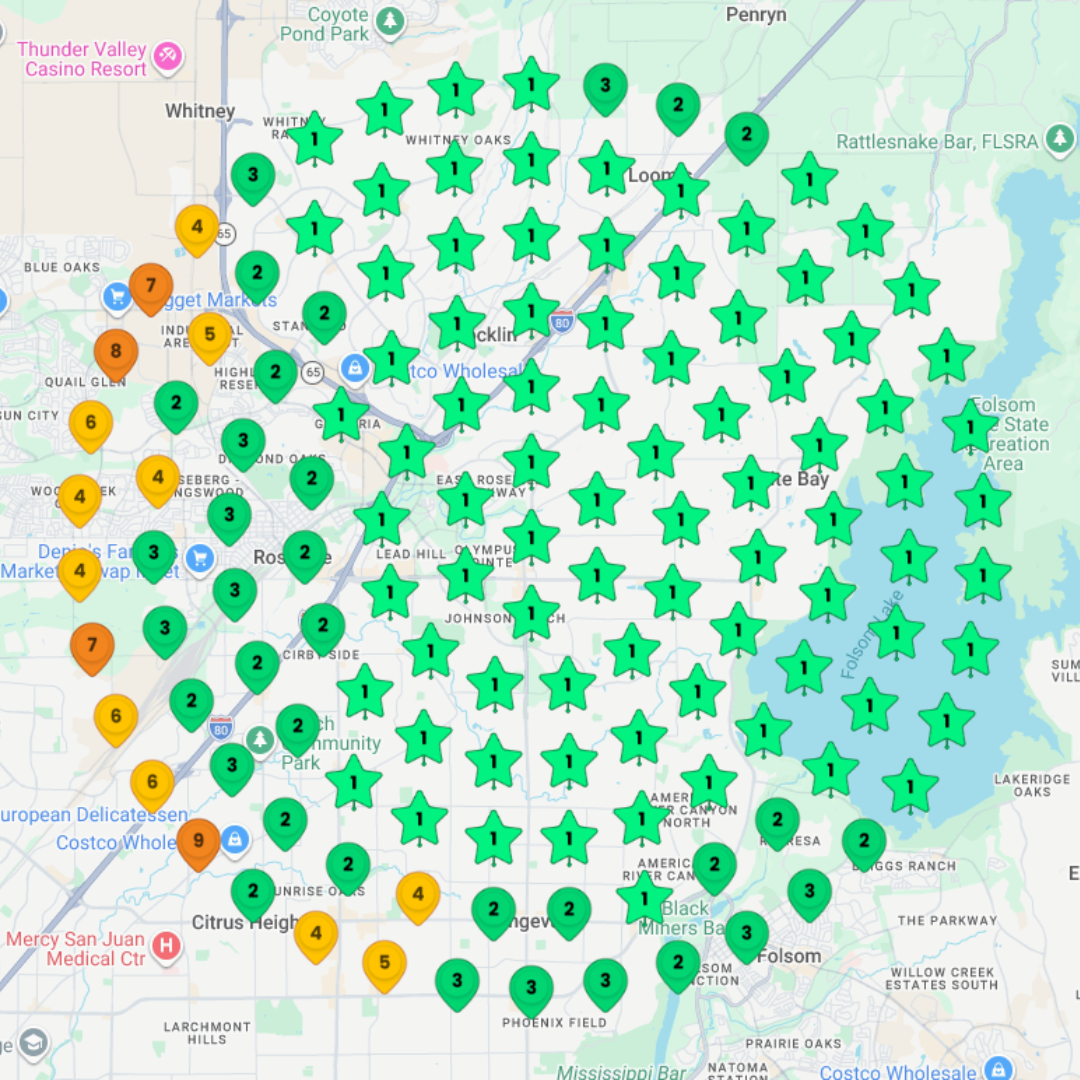 Map with green star and teardrop markers representing locations, numbered 1-8, with some yellow and orange markers on the left.