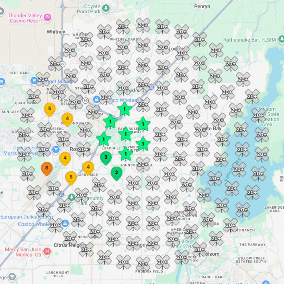 Map with colored markers and icons indicating locations, surrounded by grey icons in a circle.