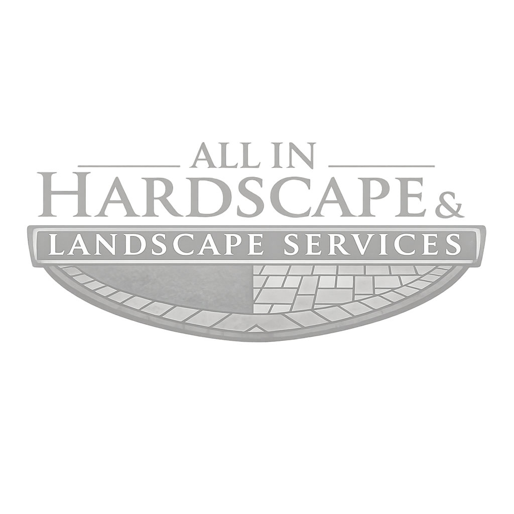 Logo for All In Hardscape & Landscape Services. Text above design. Half stone, half brick design.