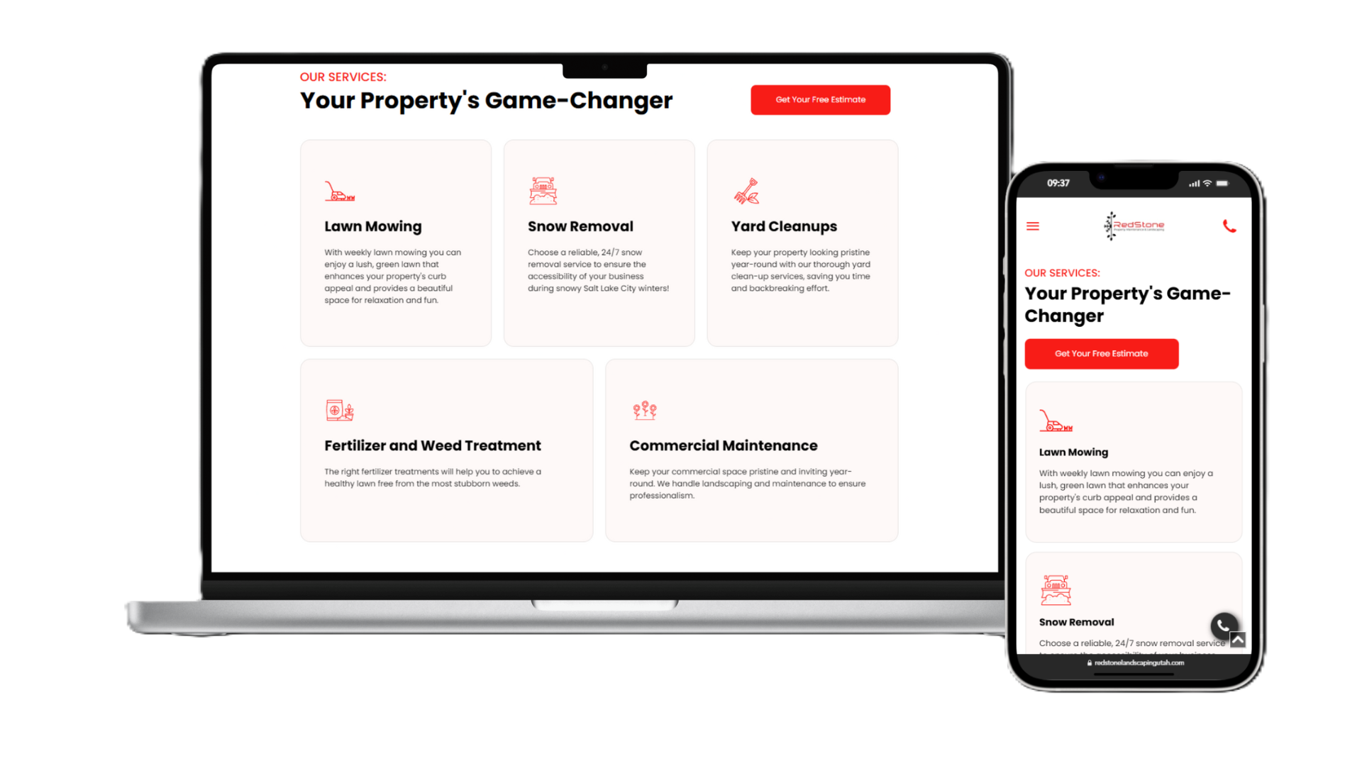 Laptop and phone displaying a real estate website with red accents and property management features.