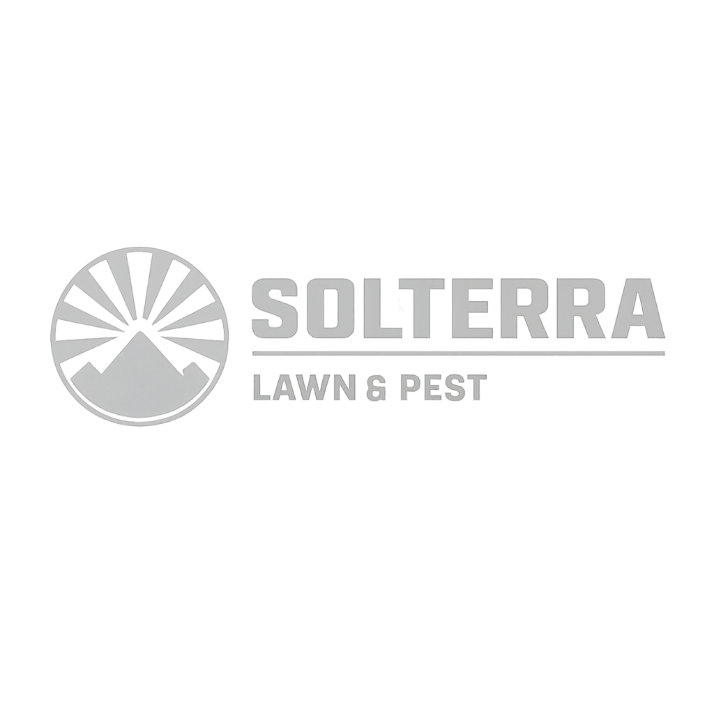 Solterra Lawn & Pest logo: gray mountain with sunburst in a circle, text
