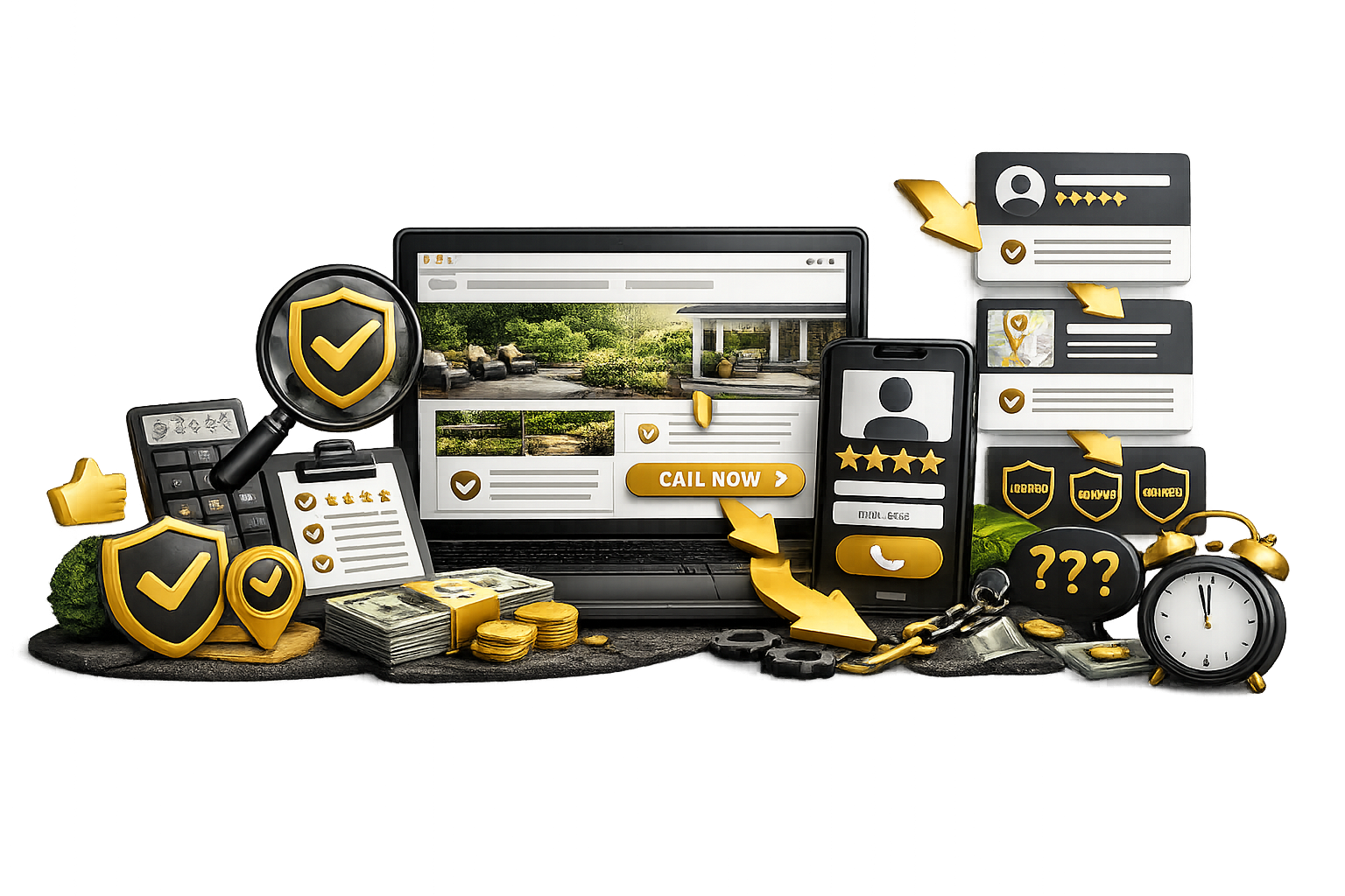 Laptop, phone, and documents with security icons and money representing online real estate and financial security.