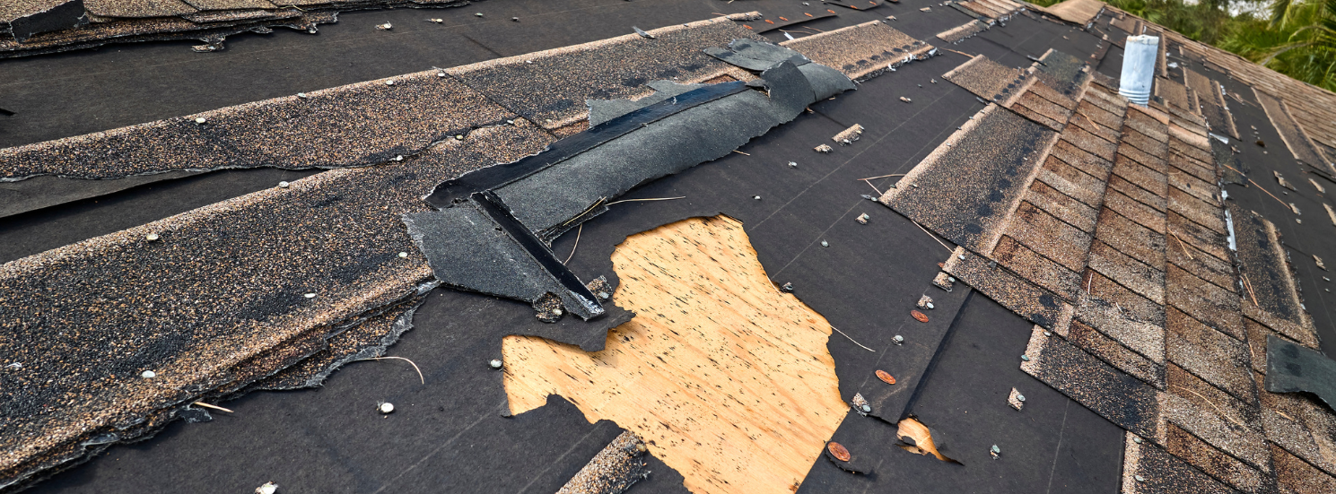 A severely damaged asphalt shingled roof undergoing replacement by Rodd Roofing in Vermont.