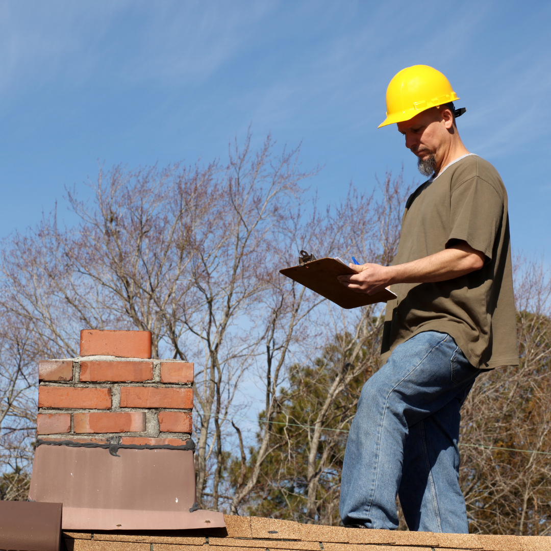 Roofing professional in a hard hat inspecting a chimney and roof during clear late-summer weather.