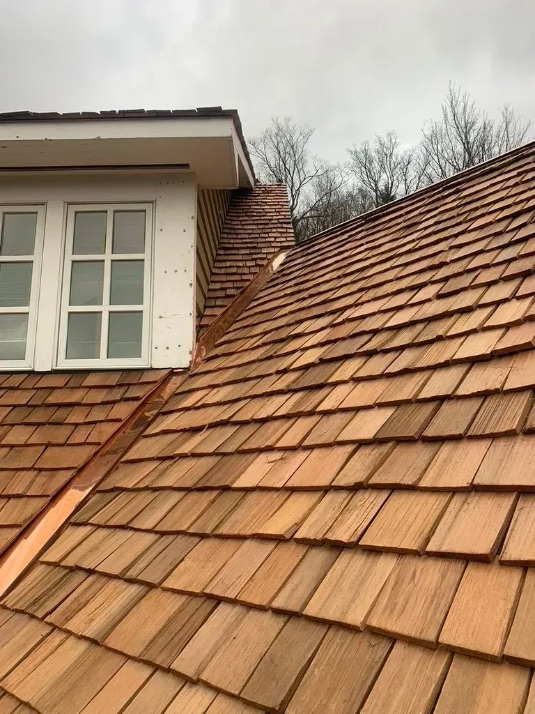 Clay-tiled roof with dormer window and cloudy sky above