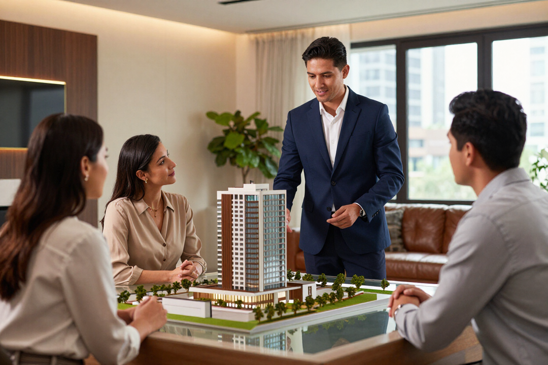 Asesor inmobiliario con clientes