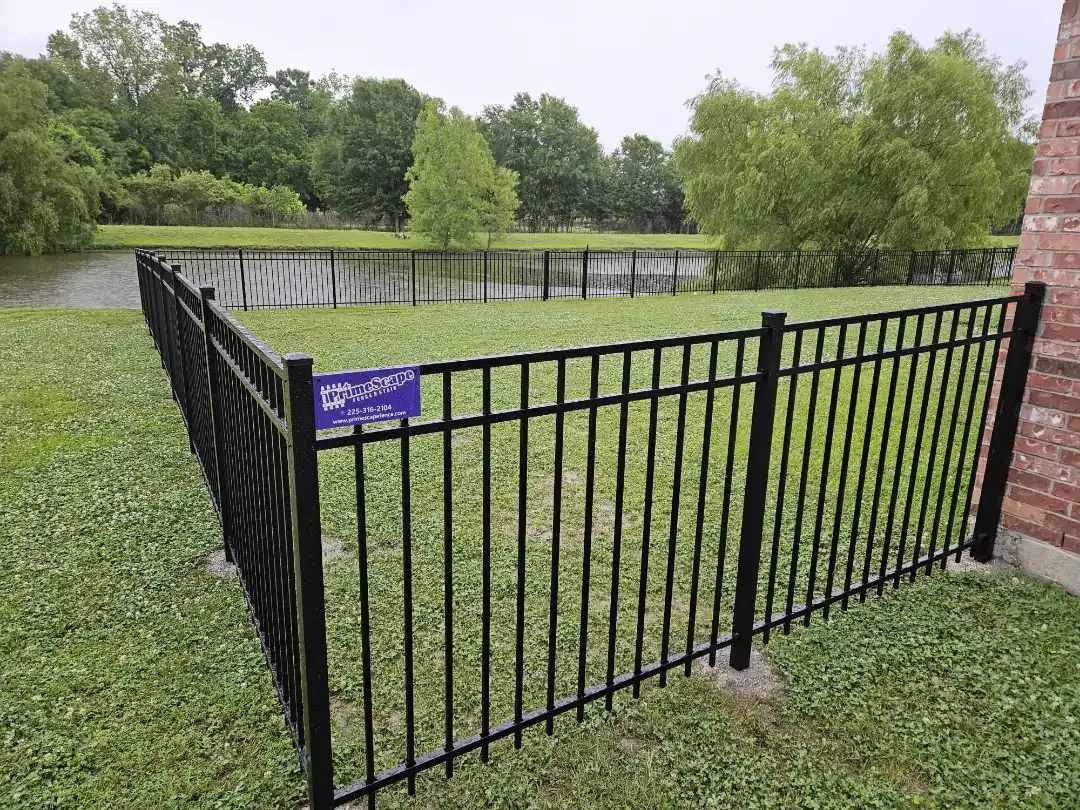 Black metal fence enclosing a wet grassy area beside a pond and trees on an overcast day