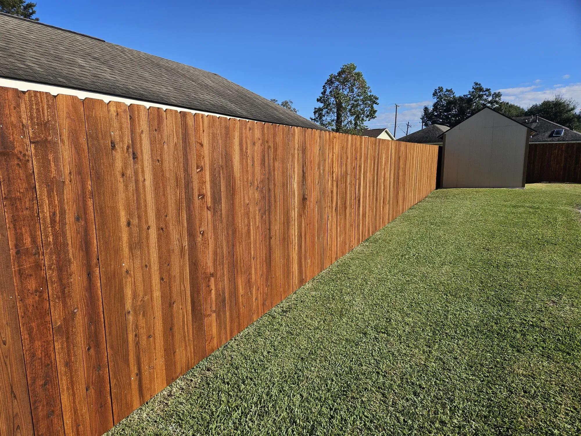 Long wooden privacy fence beside a grassy yard, with a shed in the distance under a blue sky