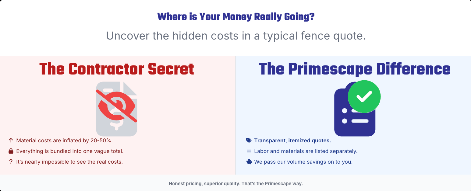 Split infographic comparing “The Contractor Secret” in red vs “The Primescope Difference” in blue/green checklist.