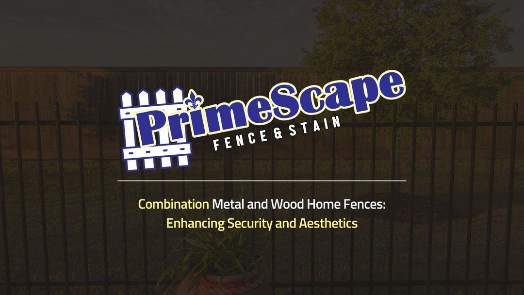 PrimeScape Fence Co. sign at dusk with slogan: “Combining Metal and Wood Home Fences, Enhancing Security and Aesthetics.”