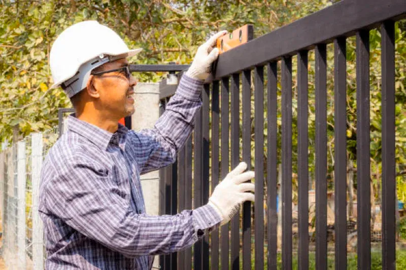 Worker in white hard hat inspecting a black metal fence outdoors.