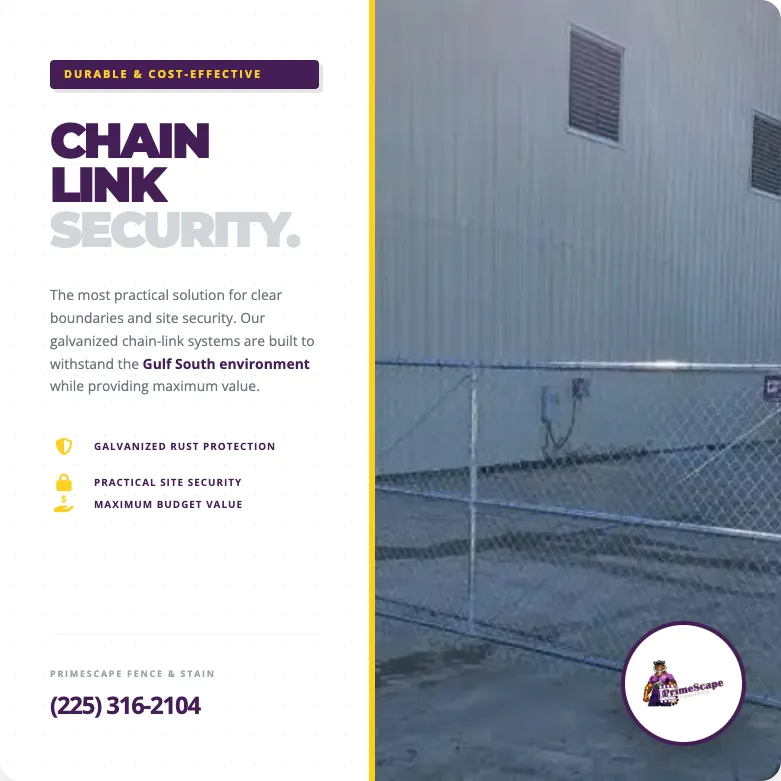 Chain link fence security ad with purple text beside a chain-link fence on a gray building.