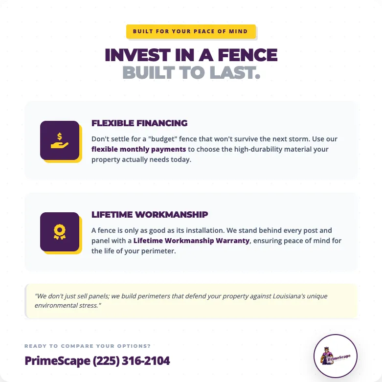 Purple and gold fence service ad with “Invest in a fence built to last,” financing, workmanship, and contact info