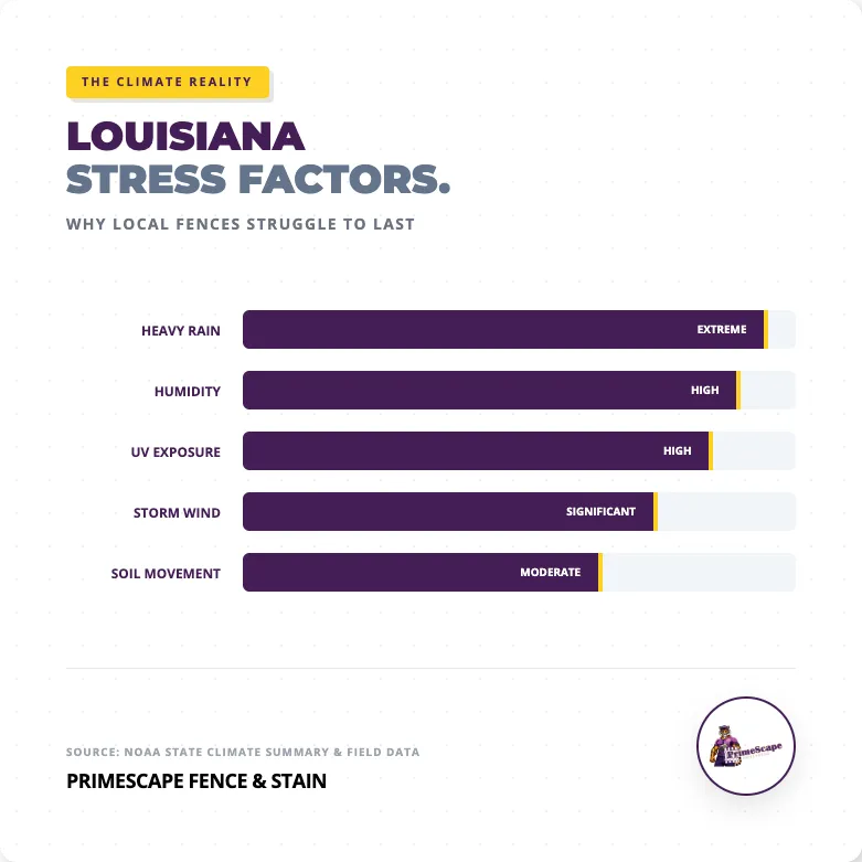 Infographic on Louisiana stress factors, with purple bars showing heat, humidity, UV exposure, storm wind, and soil movement.