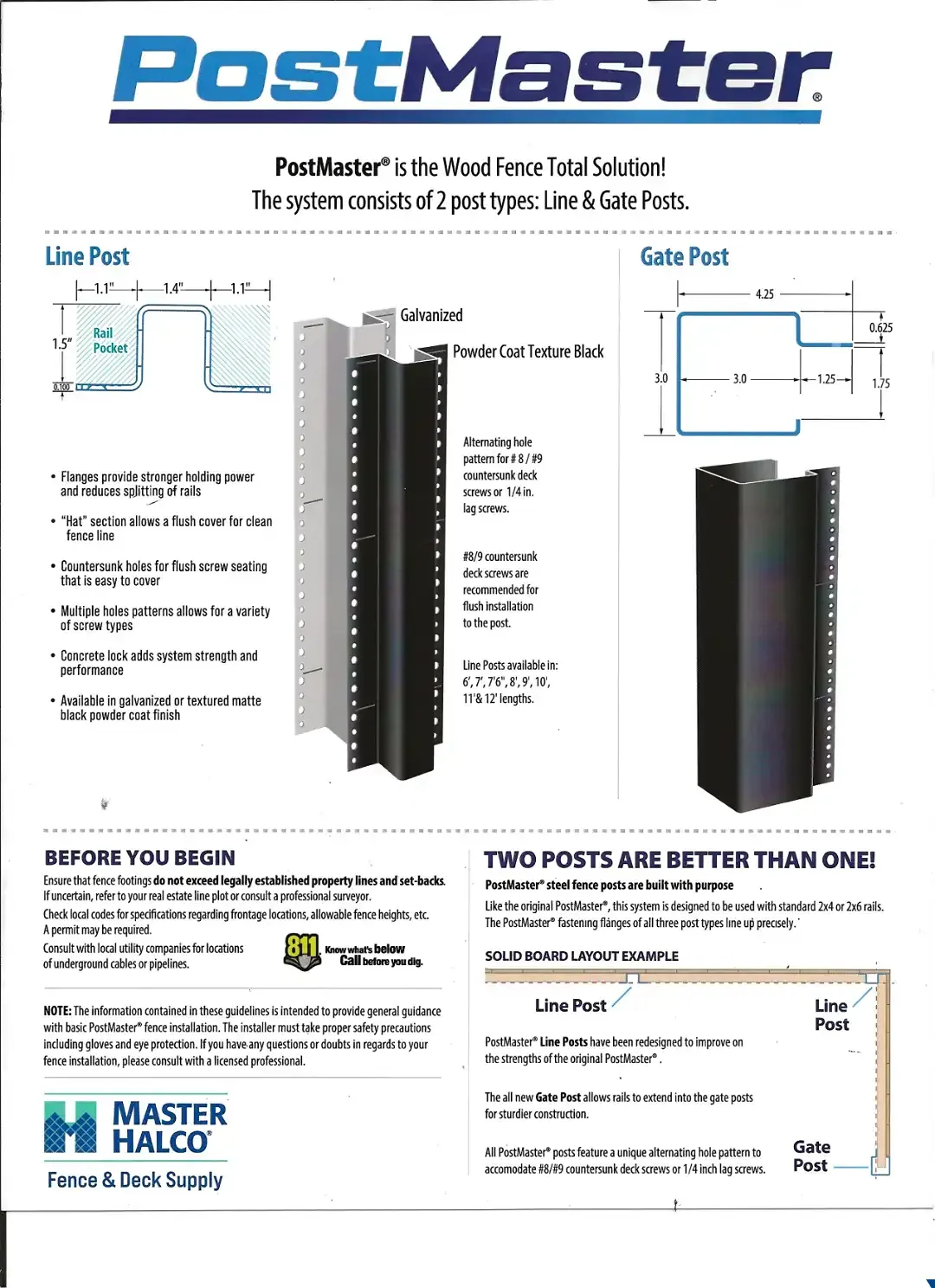 PostMaster fence post product sheet with diagrams, dimensions, and black post images