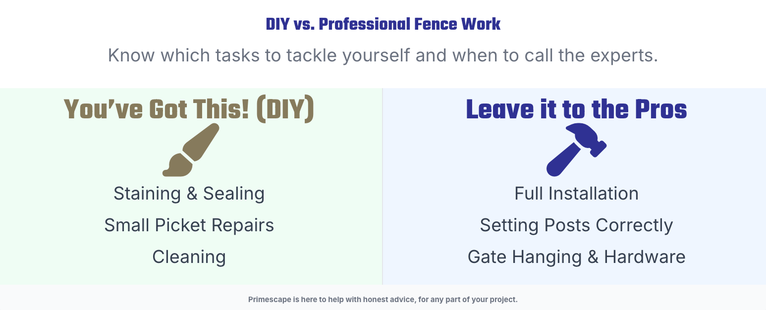 Blue-and-white flyer comparing DIY vs. professional fence work, with tool icon and service list.