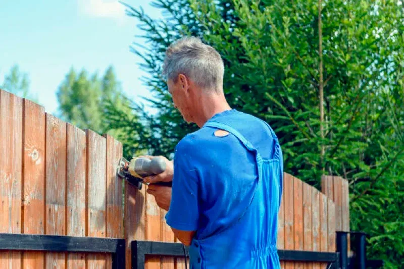 Person in a blue shirt painting a wooden fence outdoors
