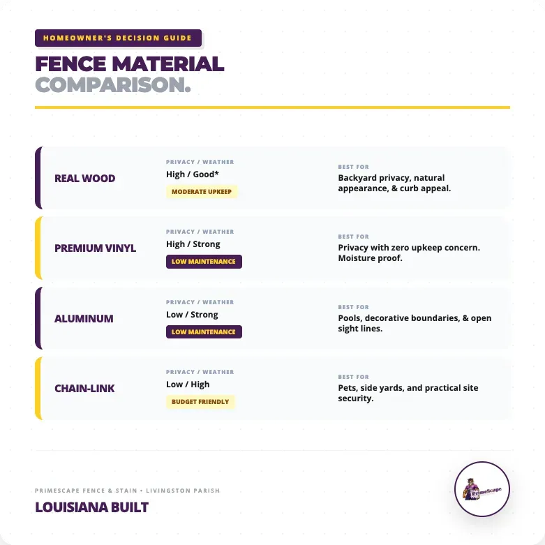 Fence material comparison chart with real wood, premium vinyl, aluminum, and chain-link options on white background