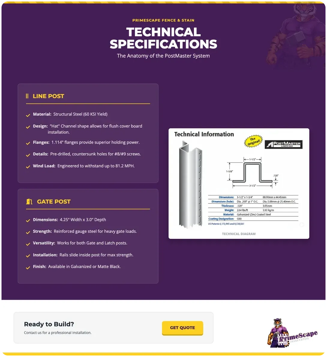 Purple technical specifications page with product details, diagrams, and a yellow call-to-action button