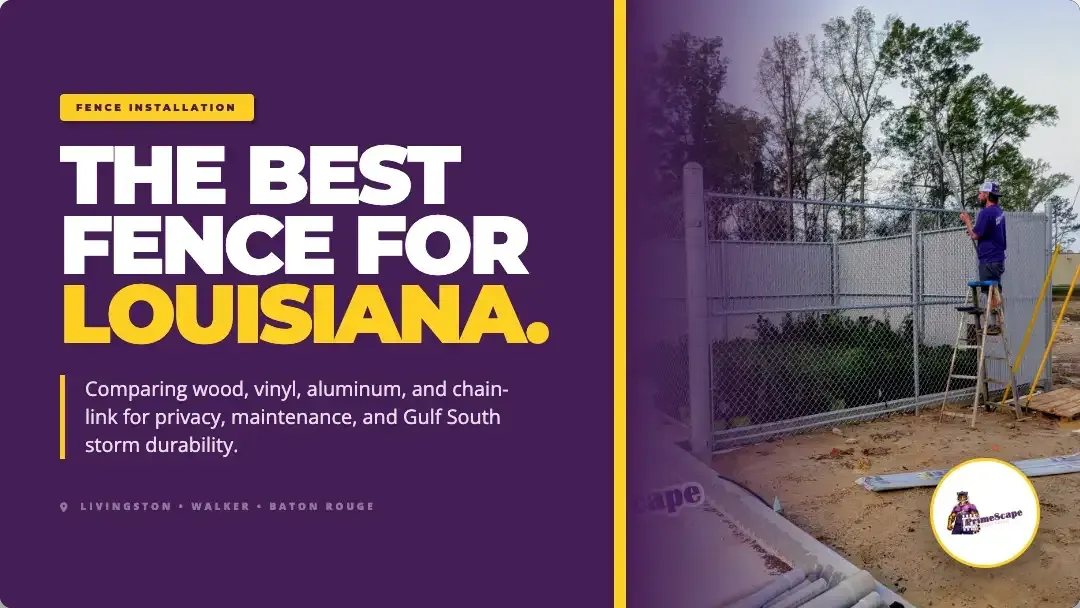 Purple-and-yellow fence ad with a worker installing a fence beside a house and trees in Louisiana.