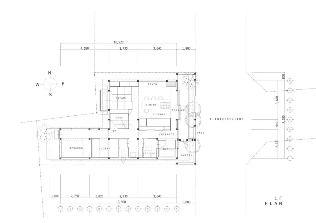 Architectural floor plan blueprint with room layout, dimensions, and elevation notes.