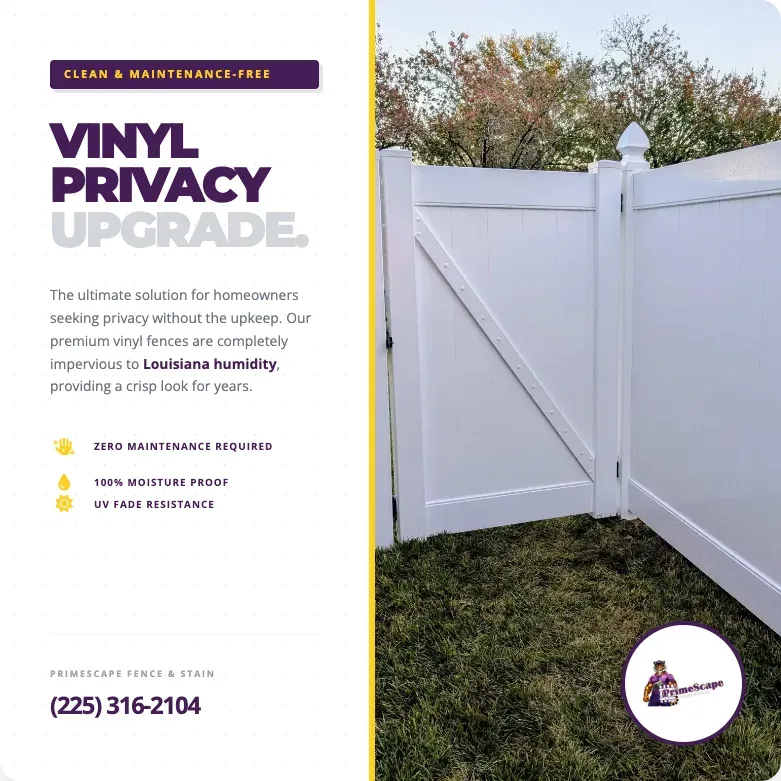 Vinyl privacy fence upgrade ad beside a white vinyl fence in a grassy yard