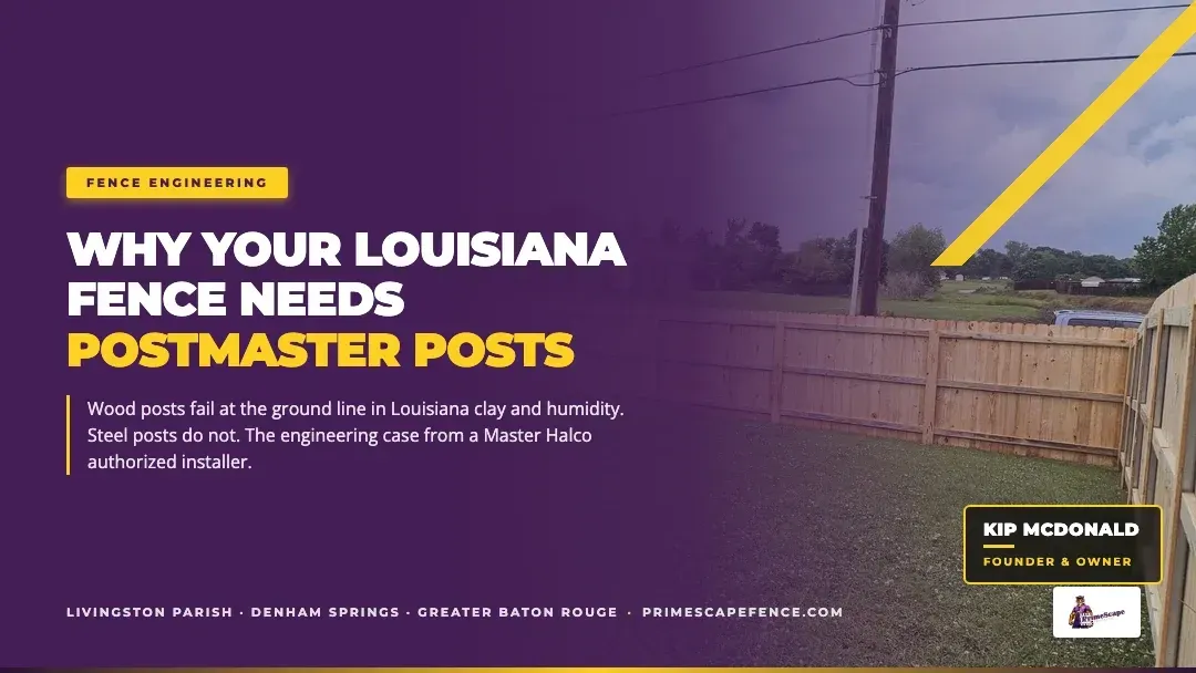 Poster reading “Why Your Louisiana Fence Needs Postmaster Posts” with a fence and house in the background.
