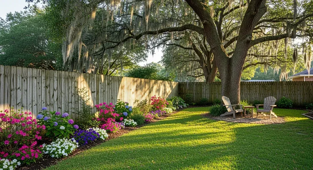 Sunny backyard with a large oak tree, wooden fence, and colorful flower bed along the lawn.