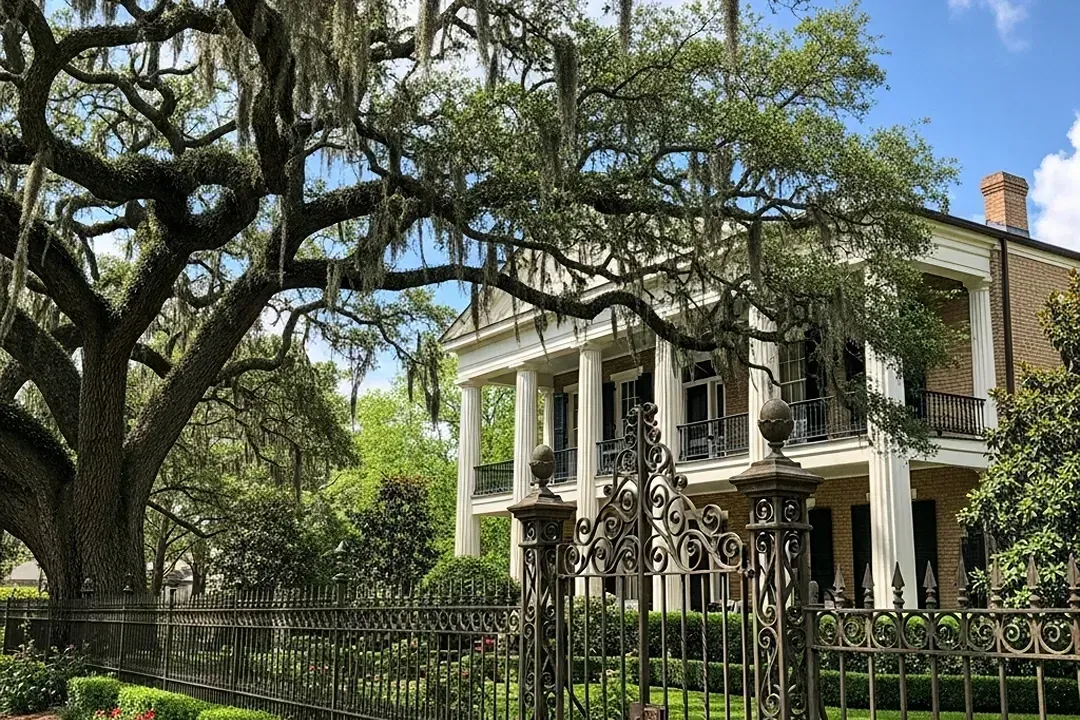 Large historic white house with tall columns, framed by a sprawling oak tree and iron fence.