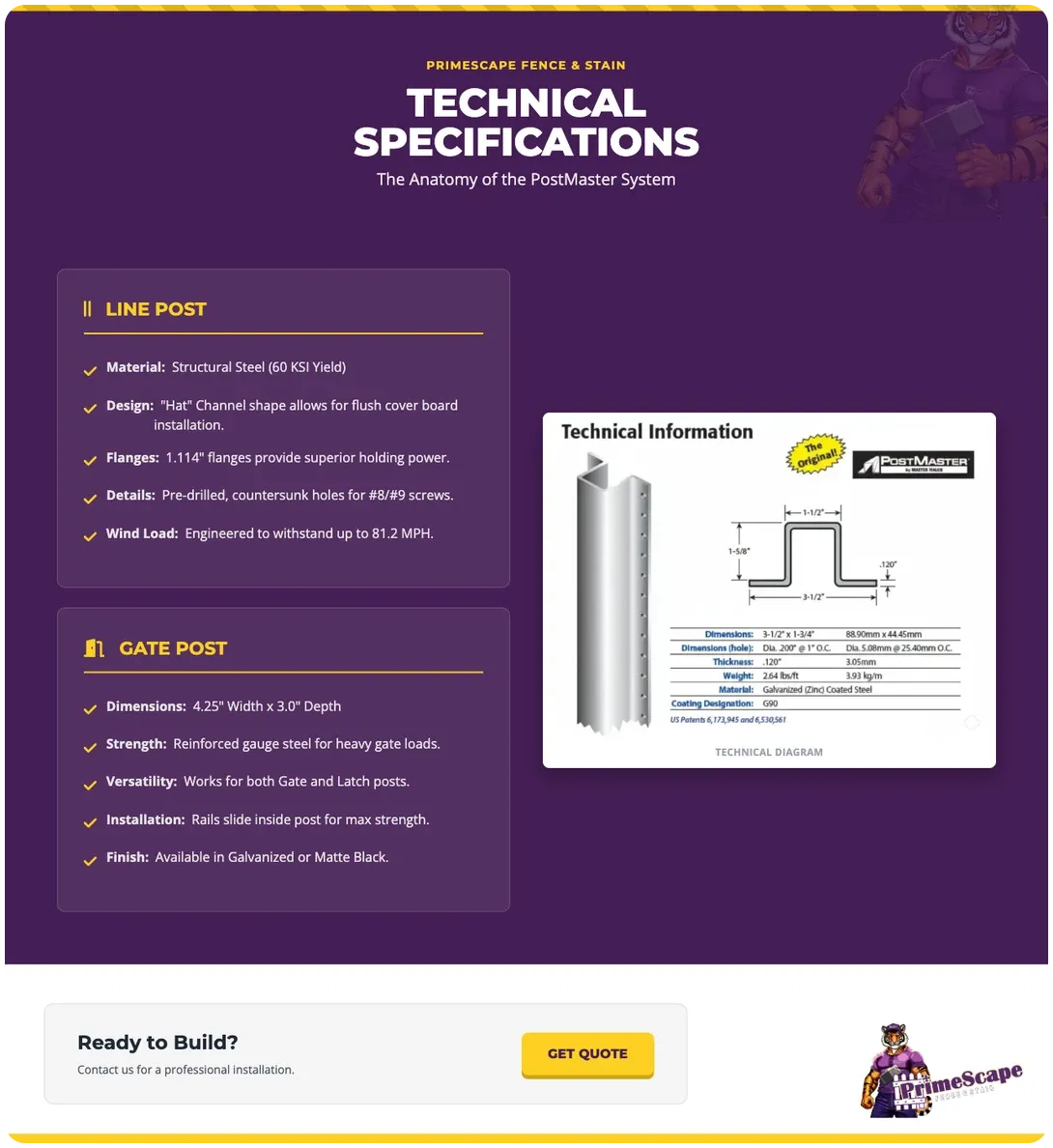 Purple technical specifications page with two text panels and a small product diagram on the right