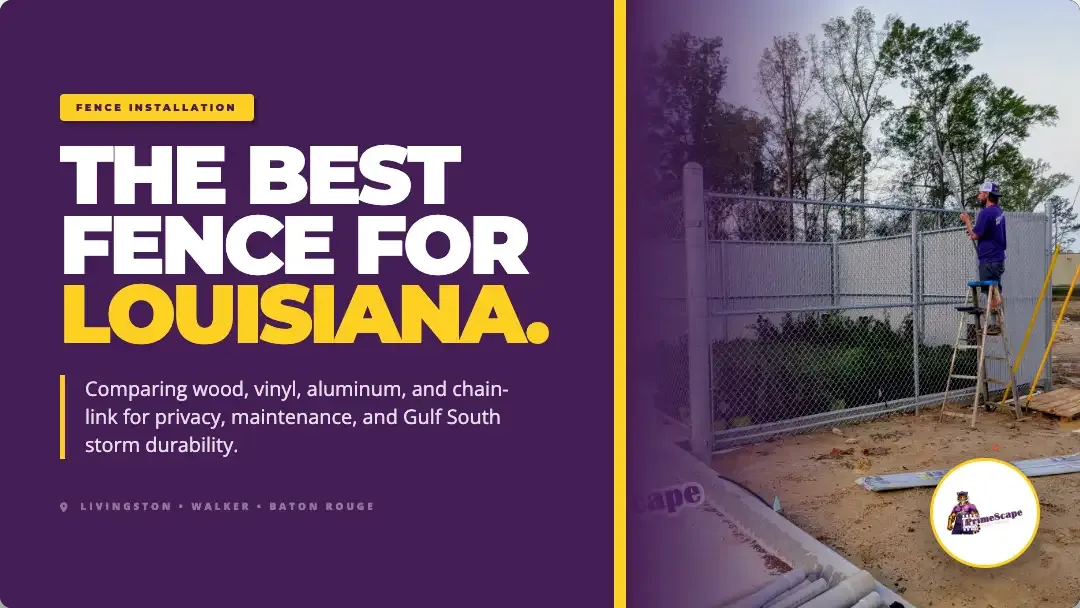 Purple ad for “The Best Fence for Louisiana” beside a photo of fence installation work outdoors