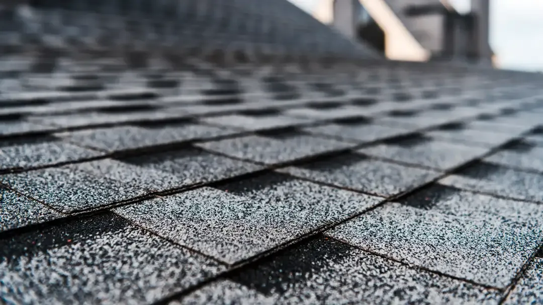 Close-up of gray asphalt roof shingles with a shallow depth of field