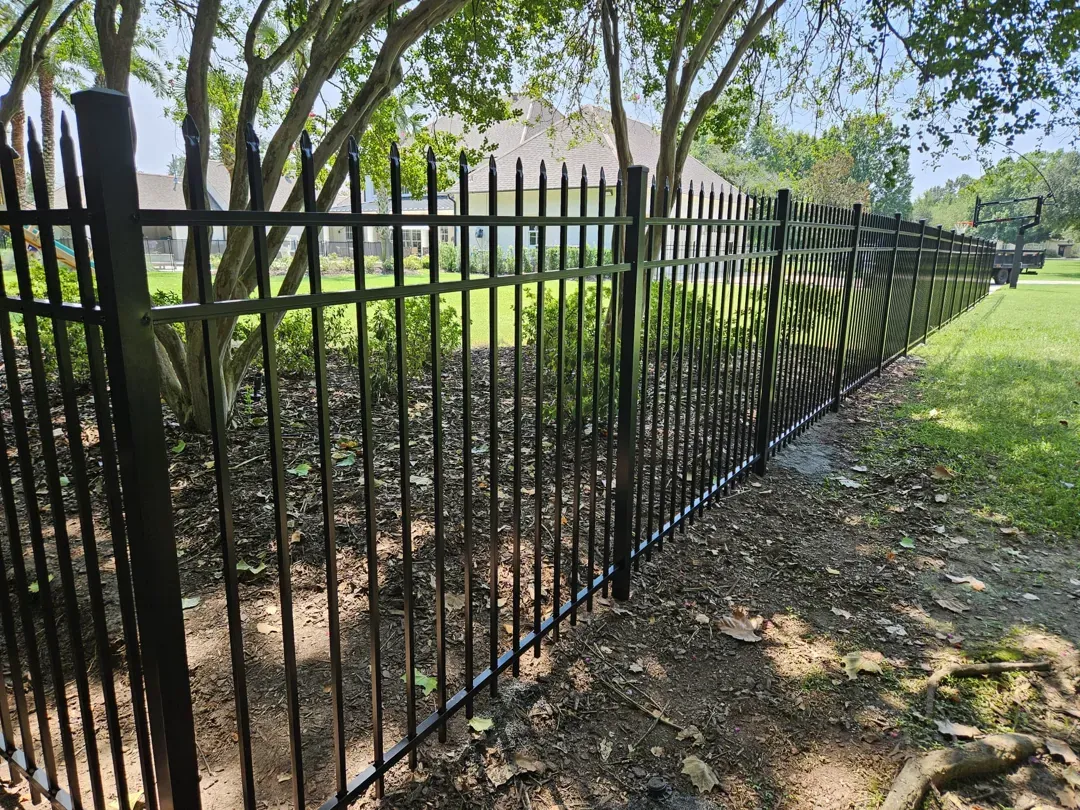 Black metal fence beside a grassy path and trees in a sunny park