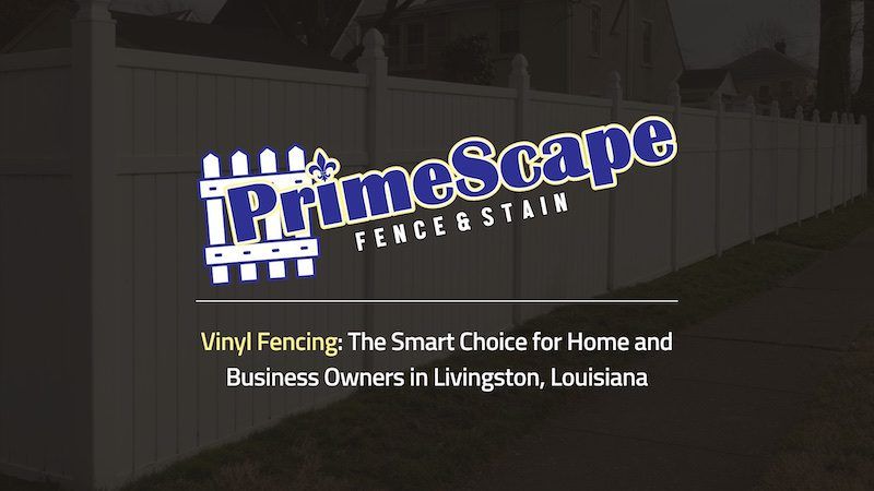 PrimeScape Fence & Stain logo with “Vinyl Fencing” text over a dark fence background
