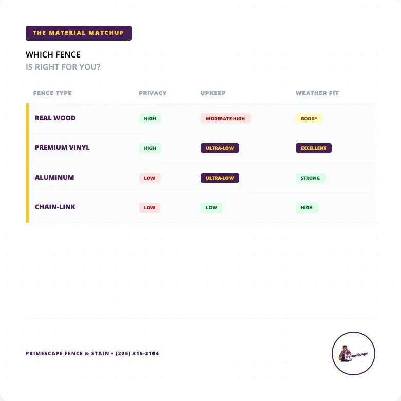 Fence material comparison chart showing privacy, life span, weathering, and costs for wood, vinyl, aluminum, and chain-link
