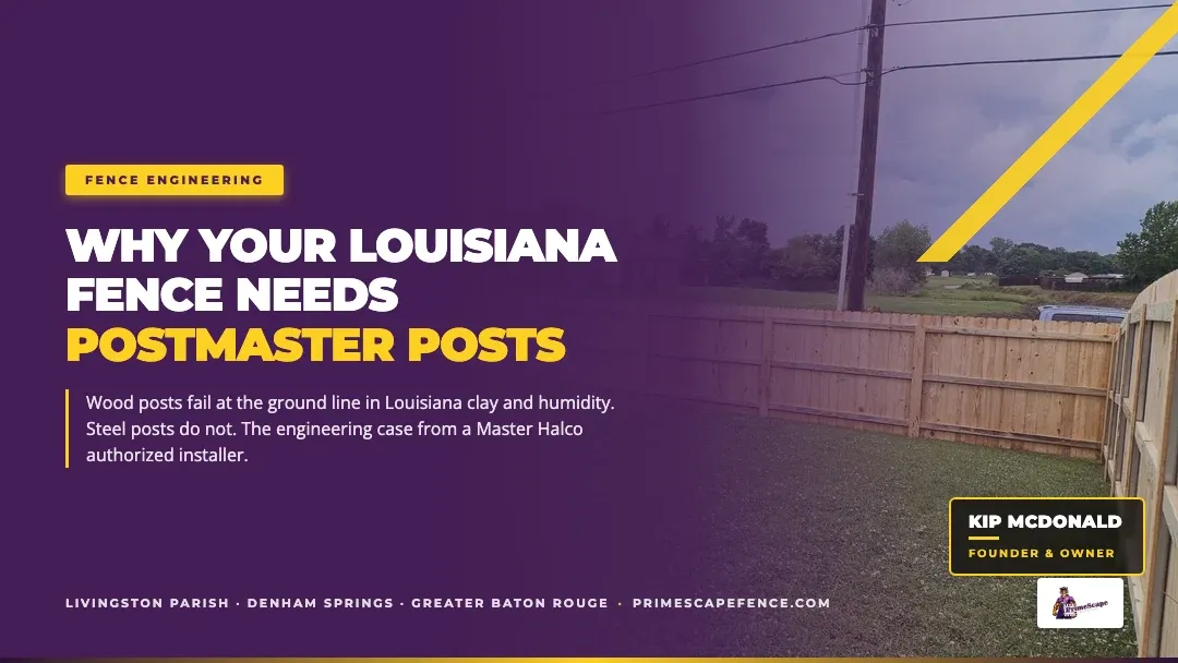 Purple-toned poster about Louisiana fence posts, with large white headline and a wooden fence background