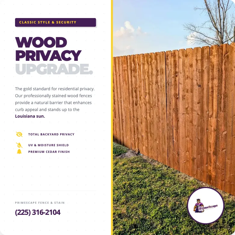 Wood privacy fence upgrade ad beside a tall stained wooden fence under a clear sky