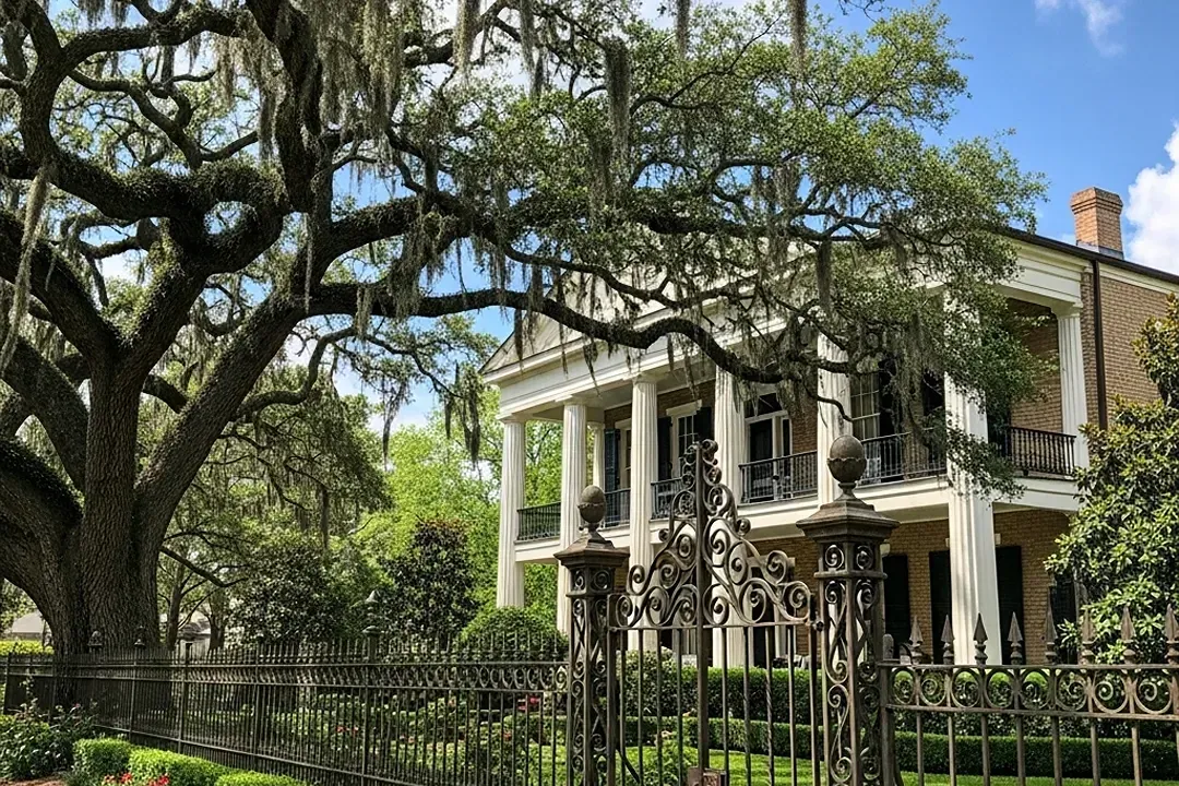 Historic white-columned house behind wrought-iron fence and large oak tree in a leafy garden