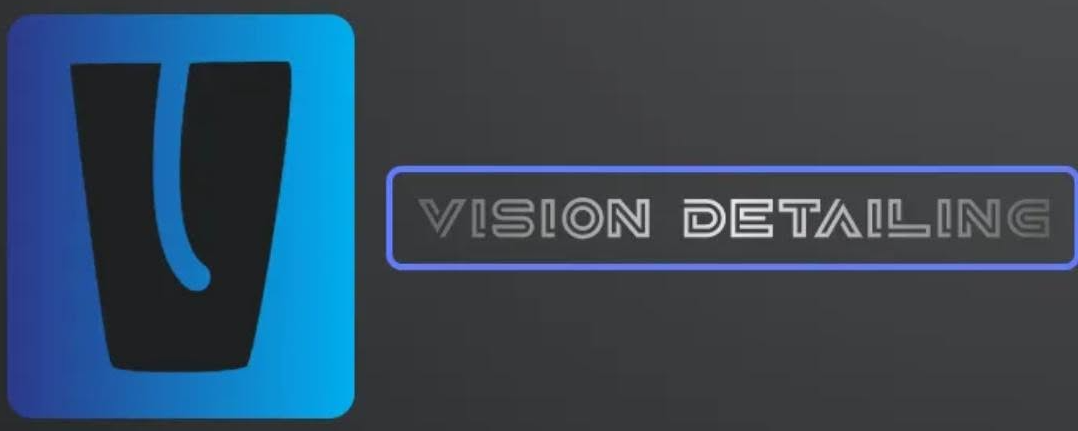Blue-and-black “Vision Detailing” logo on a dark gray background