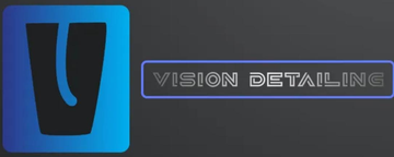 Blue-and-black “Vision Detailing” logo on a dark gray background