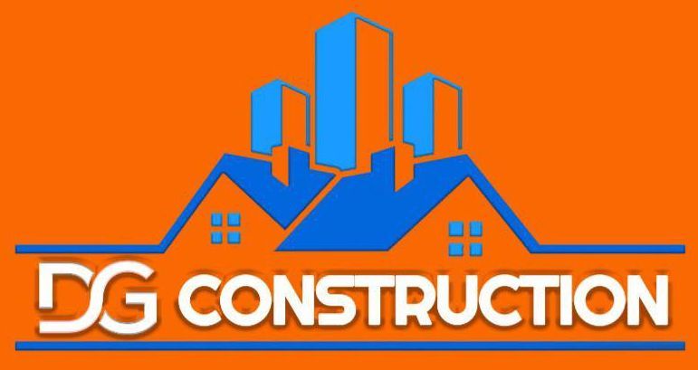A blue and white logo for dg construction