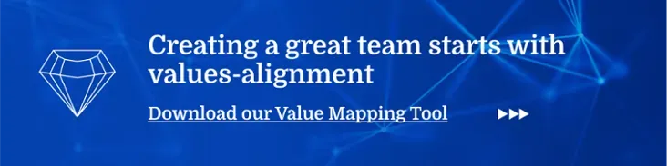 A blue banner that says `` creating a great team starts with values alignment ''