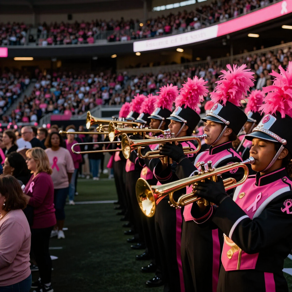 Marching band in black and pink uniforms playing brass instruments on a football field at a stadium